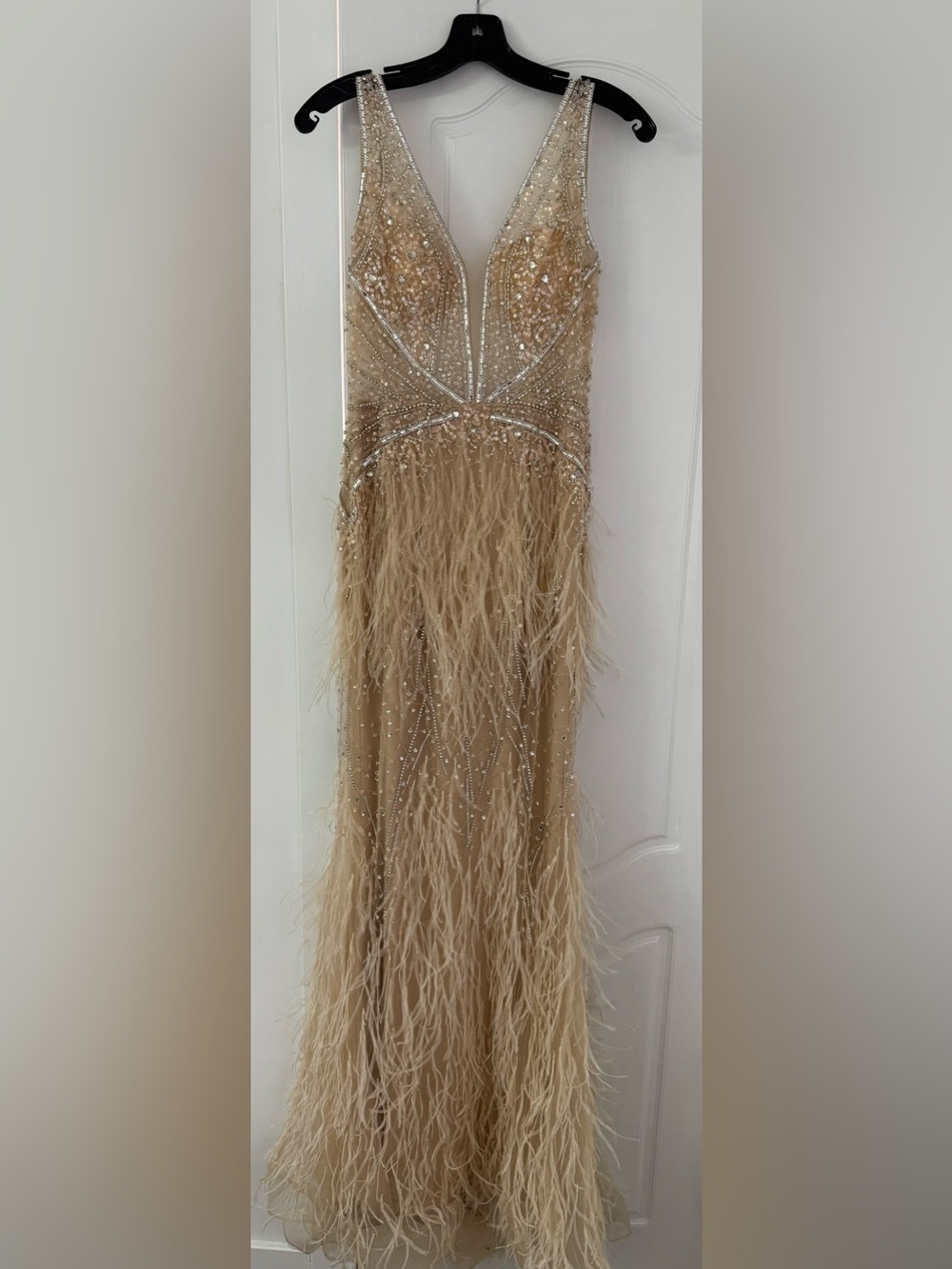 Jovani Cream Feather & Beaded Evening Gown - Picture 5 of 7